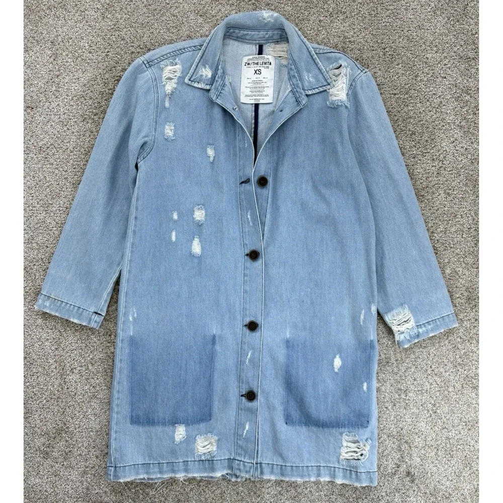 Zara ZW The Levitha Denim Coat Womens XS Light Wash Destroyed Denim Chore Duster